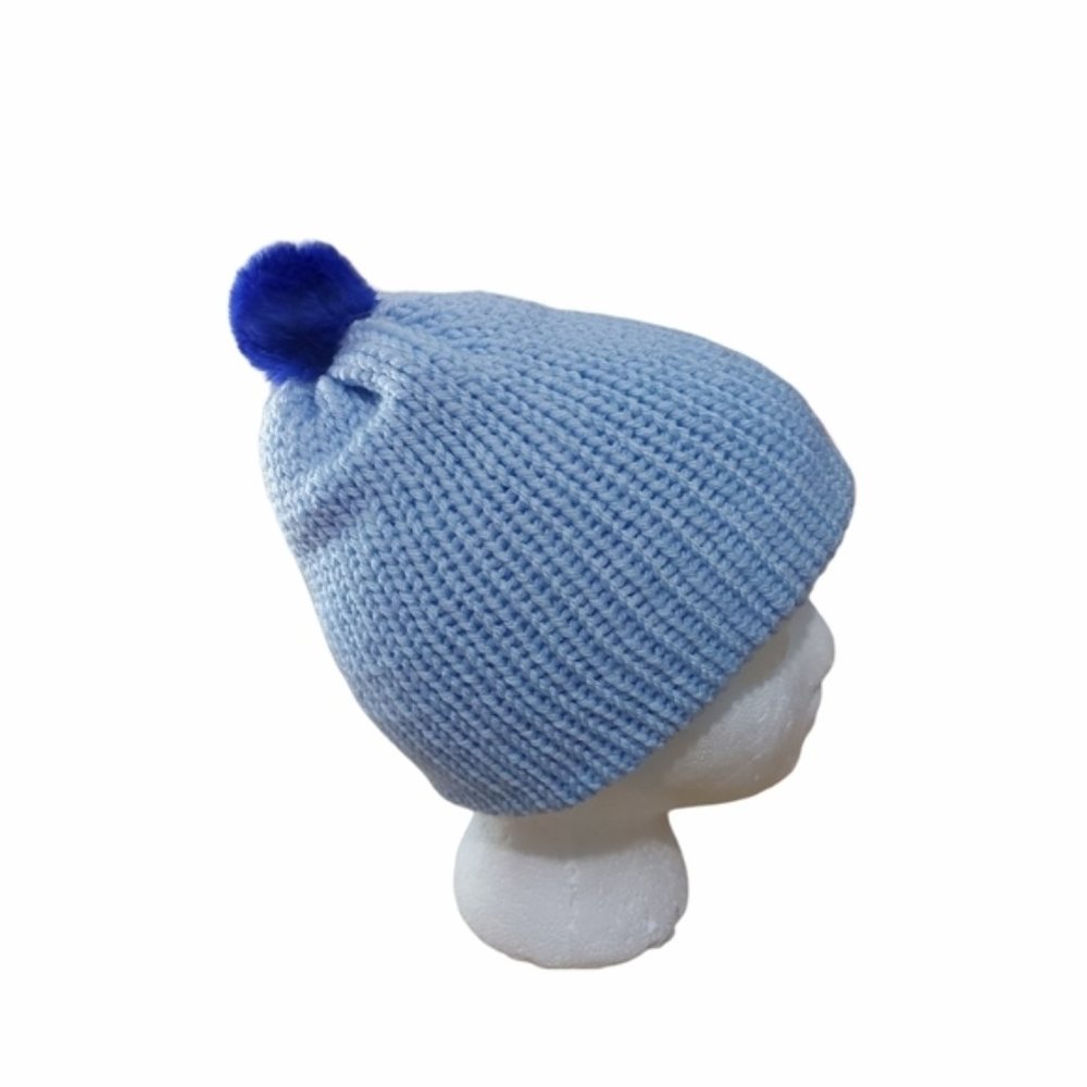 hand Knit Unisex Childs Beanie With Faux Fur Pompom